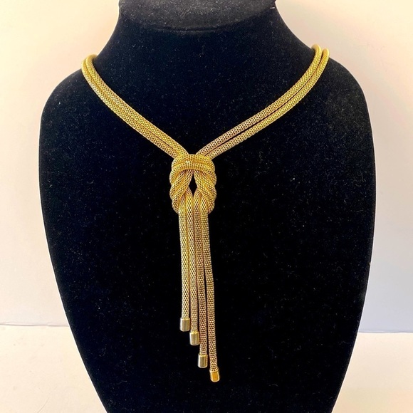 GOLD knot necklace multi strand mesh tassel long chain pendant serpentine - Picture 2 of 11